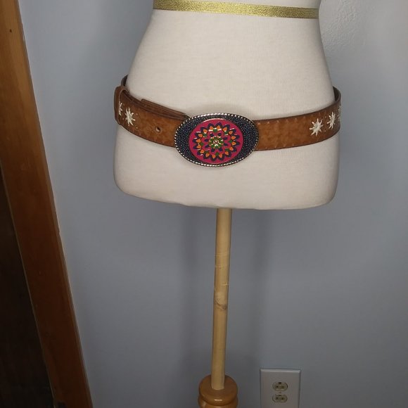 Boho hippie  leather belt with snap in colorful metal buckle size SM 32 inches main image 15